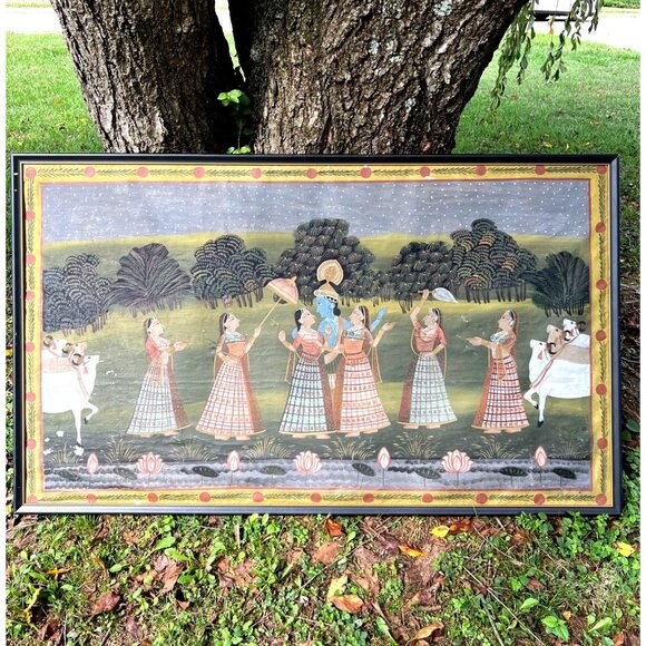 Other - Krishna and Gopis with sacred cows waterliles large painted fabric canvas